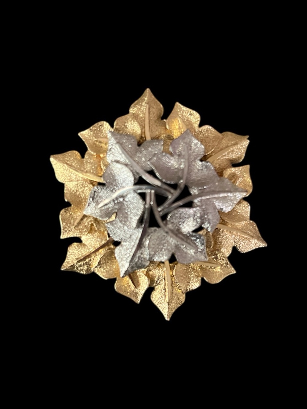 Vintage Sphinx Statement Brooch Gold and silver tone Leaves, Maker Mark #1490